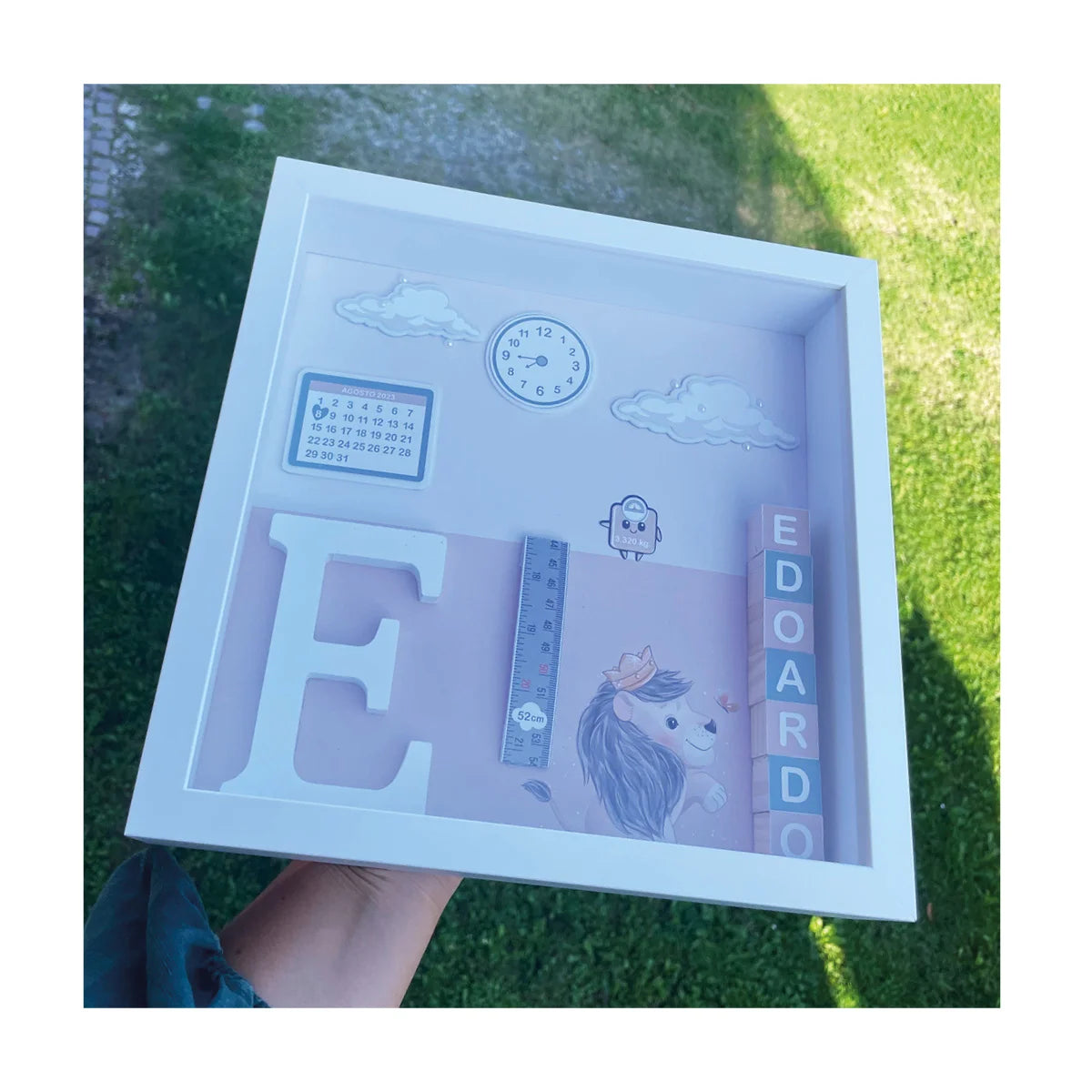 Quadretto nascita 3D personalizzato per neonato, con nome, data di nascita, ora, peso. Tema Leone